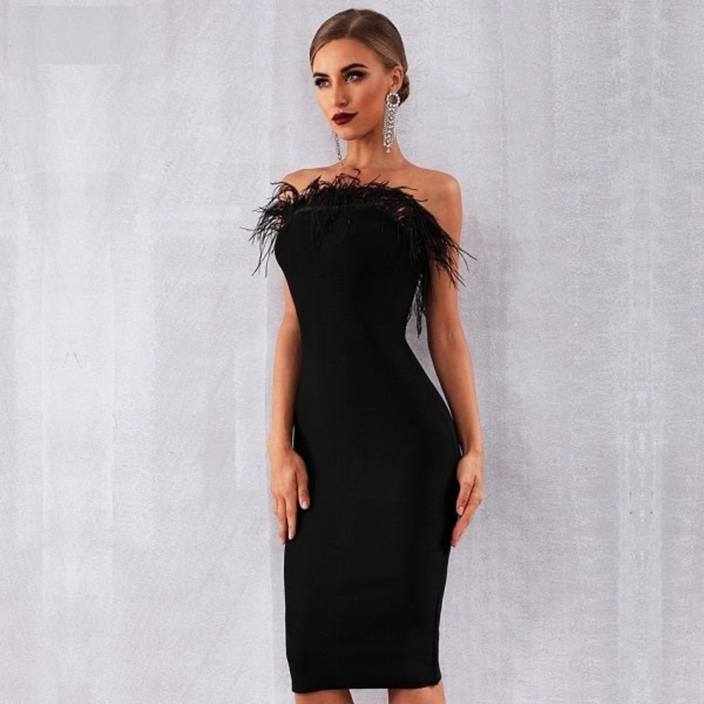 Black Feathered Trim Bandage Dress